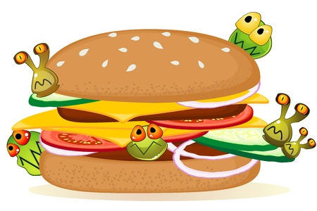 Big detailed hamburger with cartoon germs over whiteのイラスト素材