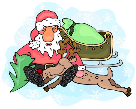 Tired Santa Claus is sitting and sleeping with his reindeer のイラスト素材