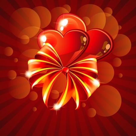 Red greeting card with two red hearts and bowのイラスト素材