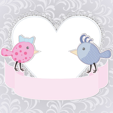 Greeting card with two stylized birds and heartのイラスト素材