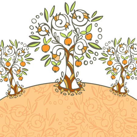 Retro card with three stylized apple treesのイラスト素材