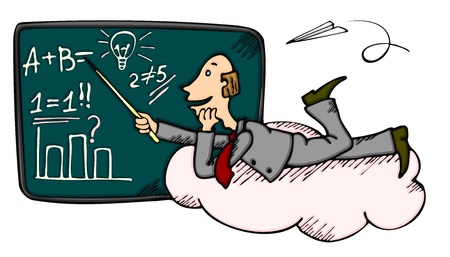 Teacher or businessman on cloud near blackboard promoting some ideaのイラスト素材