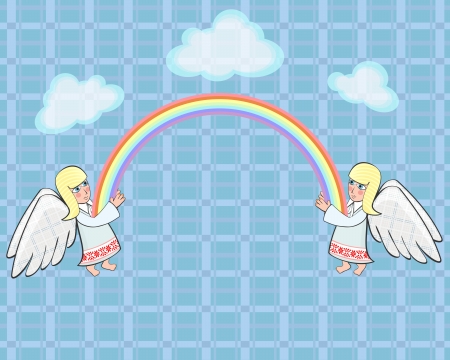 Two angels and rainbow in ethno Belarusian styleのイラスト素材