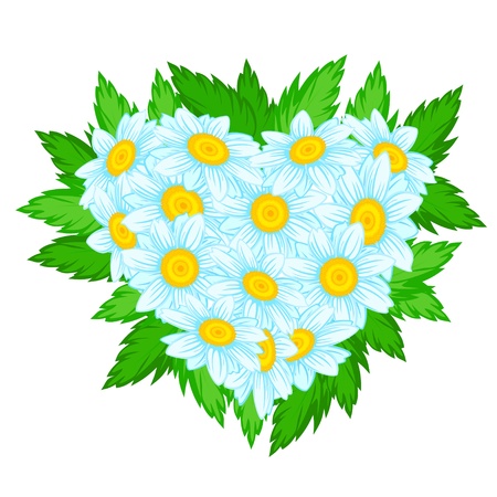 Heart shaped bunch of daisies or chamomiles with leaves のイラスト素材