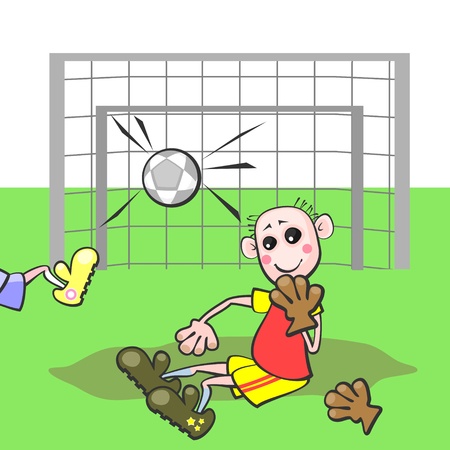 Goalkeeper sitting with silly smile near gate with ball in netのイラスト素材