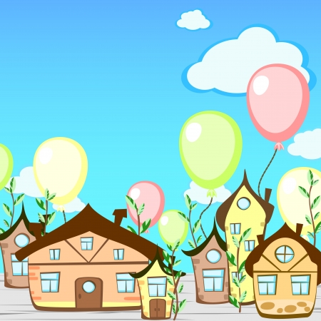 Cartoon greeting card with fairy-tale town and balloonsのイラスト素材