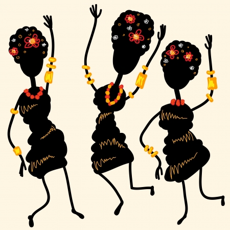 Silhouettes of three dancing African women with flowers and braceletsのイラスト素材