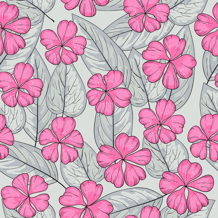 Retro seamless pattern with gray leaves and pink flowersのイラスト素材
