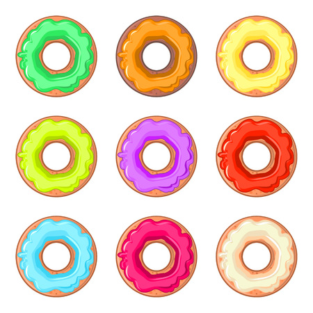 Set of nine isolated donuts with colorful glazeのイラスト素材