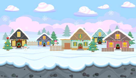 Seamless horizontal winter background with holiday houses for video gameのイラスト素材
