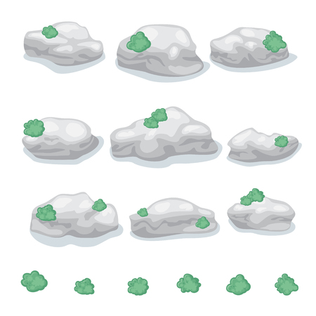 Set of round gray stones with moss isolated with shadow for video gameのイラスト素材