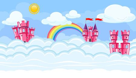 Seamless editable horizontal heavenly background with pink castles and clouds for video gameのイラスト素材