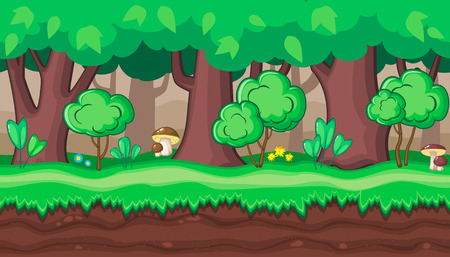 Seamless horizontal summer background with old and young trees and boletus for video gameのイラスト素材