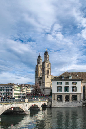 a stunning view of Zurichs townscape, where history meets modern life.の写真素材