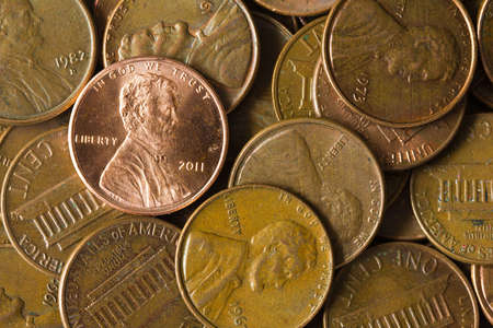 Pile of American coins in a close-up shot.の写真素材