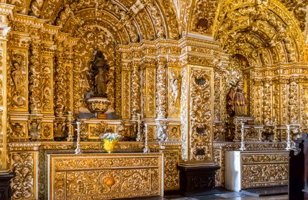 The rich architecture of a colonial catholic church in Salvador, Bahia, Brazil.のeditorial素材