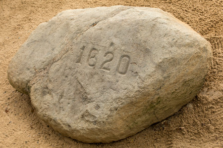 The iconic Plymouth Rock in Plymouth, Massachusetts, USA.の写真素材