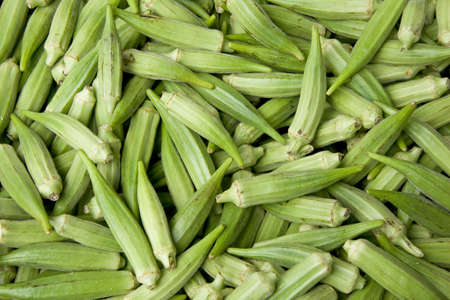 Fresh okra in a farmer's market.の写真素材
