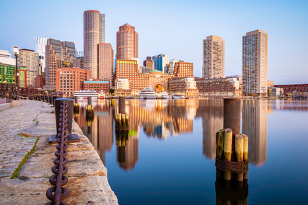 Boston Harbor and Boston Skyline at Dusk, Massachusetts, USA.の写真素材