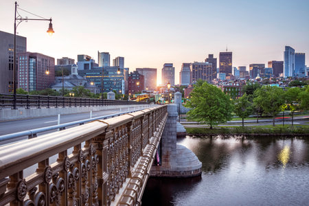 The skyline of Boston in Massachusetts, USA at sunrise showcasing its mix of contemporary and historic buildings at Backbay.の写真素材