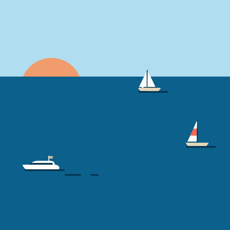 Sunset illustration with boats on the seaのイラスト素材