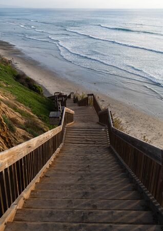 Stairway down to the ocean, California sunset