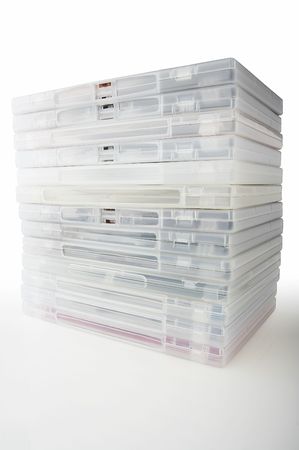 Stacked dvd jewel case boxes on white background with clipping pathの写真素材