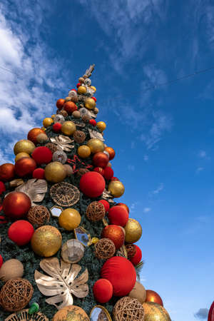 Ant view image of Christmas tree decorated with holiday spirit in portrait orientation. Low angle view of an outdoor giant Christmas tree with a cloudy sky background.の写真素材