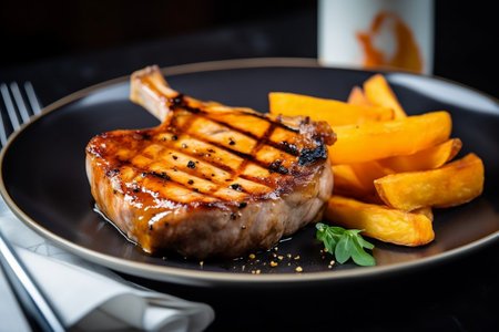 Smoked Grilled Pork Chops - Smoked grilled pork chops topped with peach slices and served with sweet potato fries.の素材