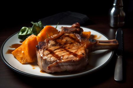 Perfectly grilled pork chop served on white plate with side of sweet potato. AI Generatedの素材