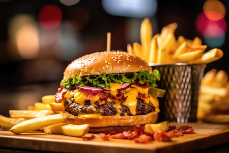 Rustic Homemade Bacon Cheeseburger and fries with melting cheese, bacon, pickles, red onion and lettuce with colorful blurred background. AI Generatedの素材