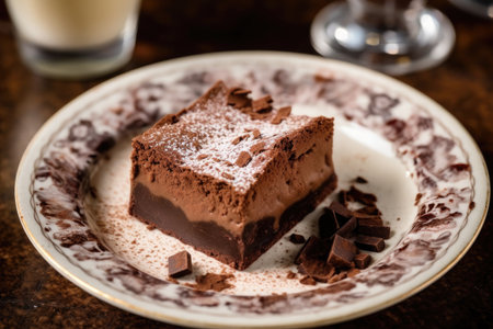 Decadent Double Chocolate Brownie with dusted with powdered sugar served on ornate plate with blurred background. AI Generatedの素材
