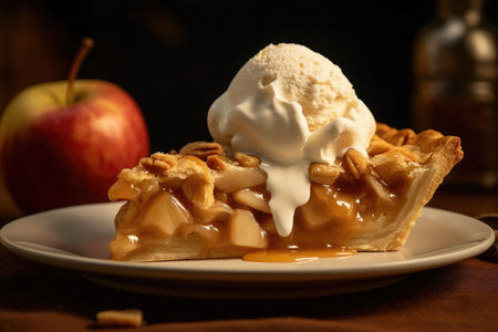 Luxurious Apple pie with melting vanilla ice cream served on white plate with blurred apple in background. AI Generatedの素材