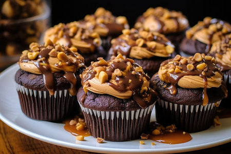 Luscious Double Dark Chocolate Cupcakes with Peanut Butter and chocolate sauce served on plate. AI Generatedの素材