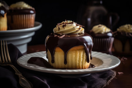 Irresistible Boston Cream Pie Cupcake served on white plate with drizzled chocolate sauce and whipped cream. AI Generatedの素材