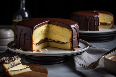 Decadent Boston Cream Pie served with slice missing on white platter with blurred background. AI Generatedの素材