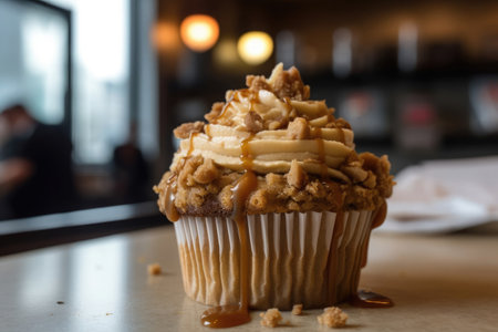 Amazing Apple Pie Cupcake closeup view with blurred background. AI Generatedの素材