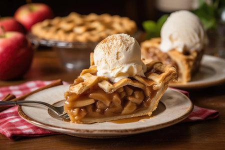 Lavish Apple Pie with vanilla ice cream served on glass plate with blurred background. AI Generatedの素材