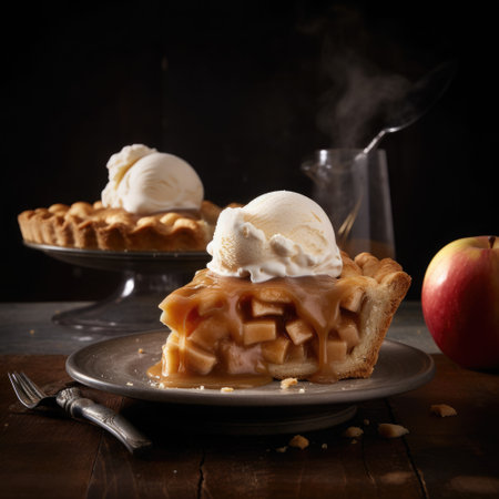 Luxurious Apple pie with ice cream and warm caramel sauce served on dark plate with blurred and dark background. AI Generatedの素材