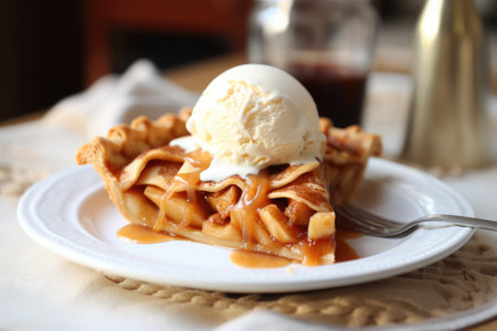 Mouth-watering Apple Pie with Ice Cream and caramel sauce served on white plate with blurred background. AI Generatedの素材