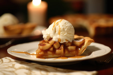 Luscious Apple pie with ice cream drizzled with caramel sauce served on white plate with blurry background. AI Generatedの素材