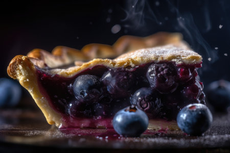 Luxurious Homemade Blueberry Pie Slice closeup with dark background. AI Generatedの素材