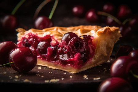 Spectacular slice of fresh cherry pie closeup presented on wood table with blurred cherries in background. AI Generatedの素材