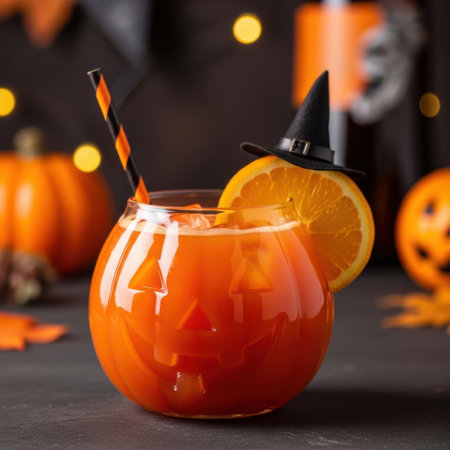 Sip into the spooky season with this vibrant orange Halloween cocktail. Garnished with a playful witch hat and an orange slice, it's the perfect festive drink for your Halloween party.の素材