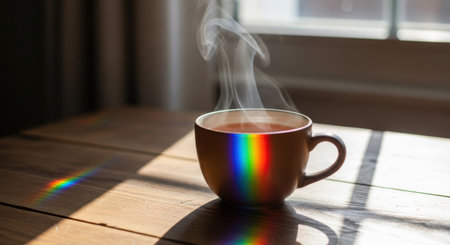 Cup of hot coffee on a wooden table in the morning lightの素材