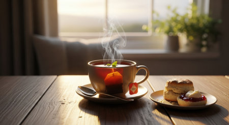 Cup of hot tea with scones and jam on wooden tableの素材