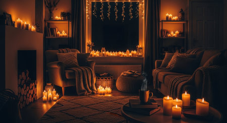 Interior of living room with candles, sofa and armchair.の素材