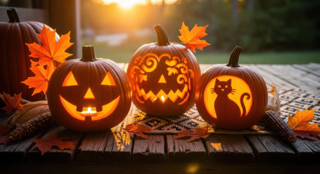 Halloween pumpkins with scary faces and autumn leaves on wooden tableの素材