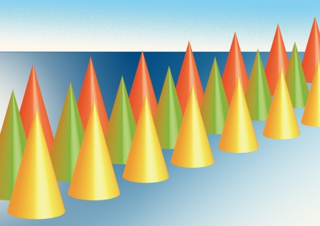 Colorful cones on a blue ground with blue skyの写真素材
