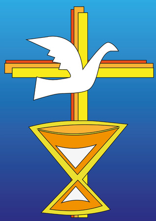 Cross with dove and chalice in front of a blue backgroundのイラスト素材
